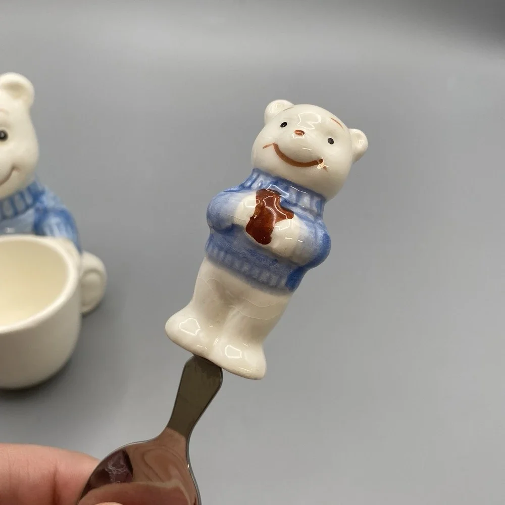 Vintage Ceramic Egg Cup Spoon Figural Teddy Bear‎ Childrens Taiwan